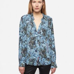 Zadig & Voltaire Tink Bohemian Patch Blouse Oxford Blue Floral W/ Pink Writing